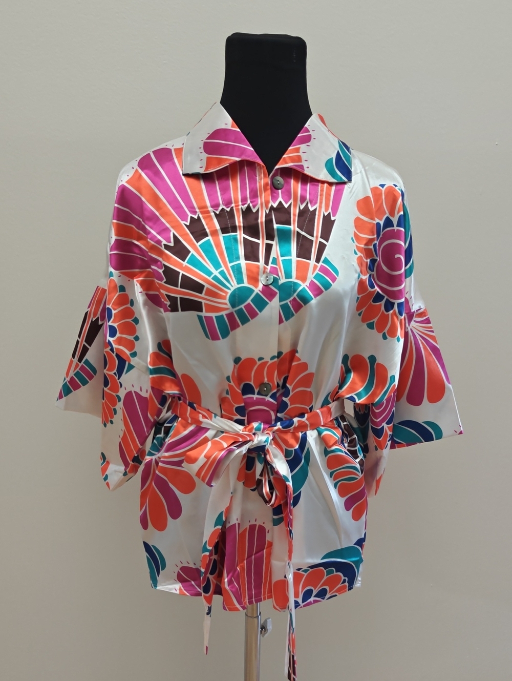 Colorful Floral Tie-Waist Button-Up Top - White/Multi - new